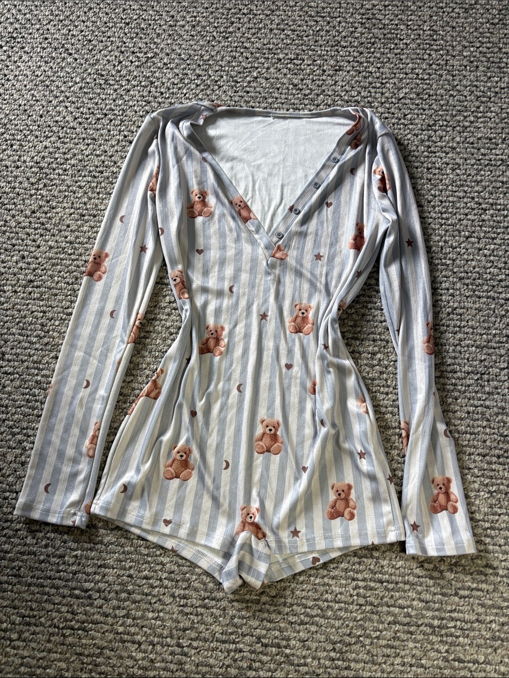 Women’s Blue Striped Teddy Print Long-Sleeve Romper
